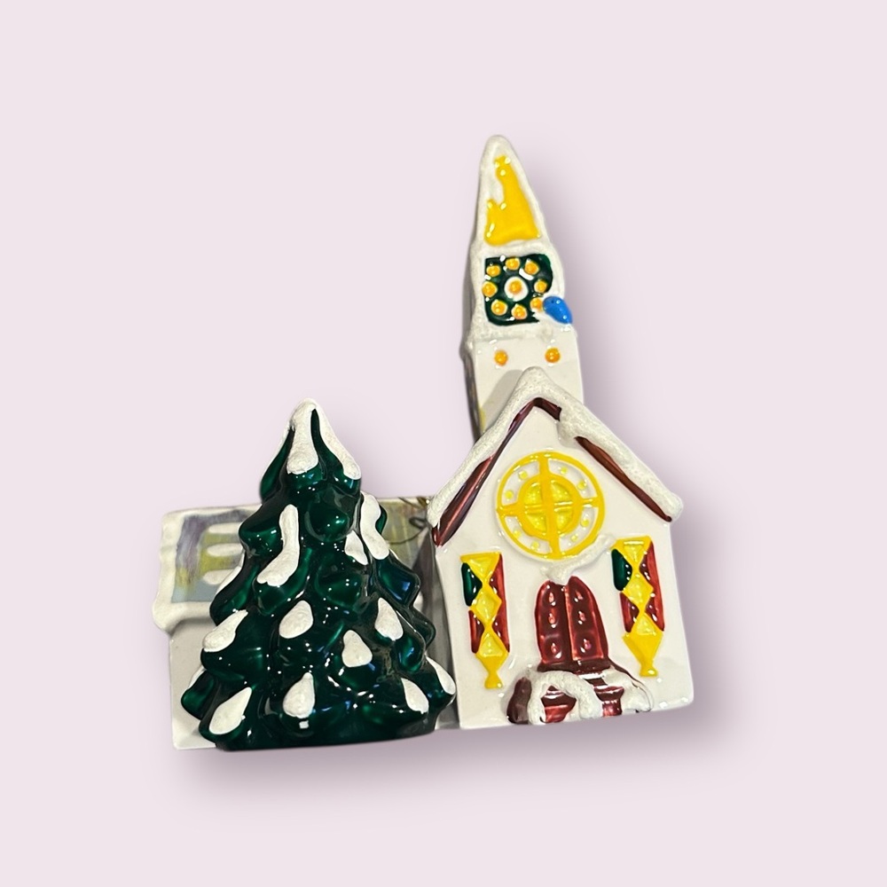 Vintage Department 56 Steepled Church Ceramic Christmas Ornament